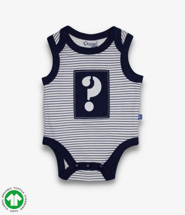 Unisex sleeveless bodysuit in white and navy blue stripes with envelope neck design and snap crotch.