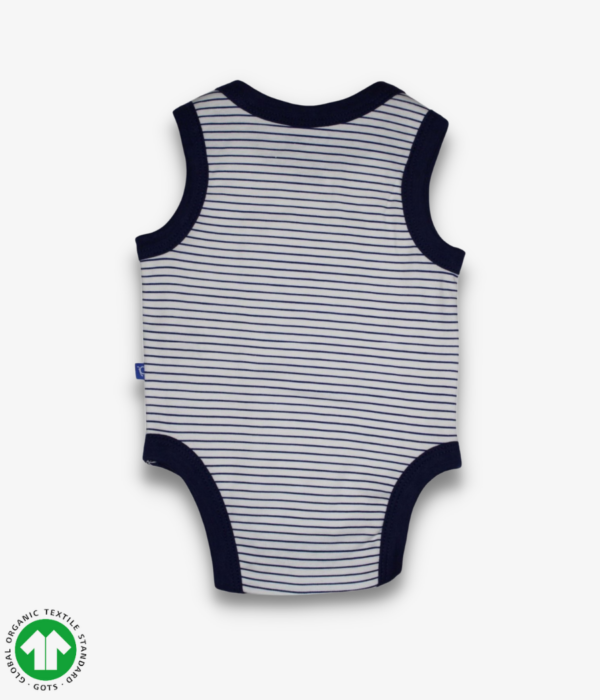 Unisex sleeveless bodysuit in white and navy blue stripes with envelope neck design and snap crotch.