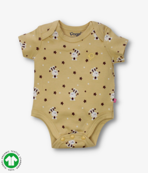 Girls Short sleeve bodysuit in young wheat color with rabbit prints, envelope neck design and snap crotch