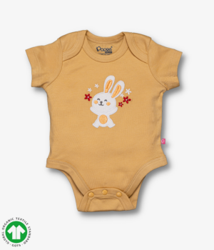 Girls Short sleeve bodysuit in young wheat color with rabbit embroidery, envelope neck design and snap crotch