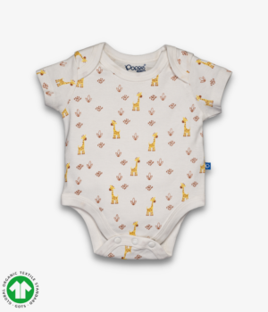 Unisex short sleeve bodysuit in ivory color with envelope neck design and snap crotch.Giraffe prints