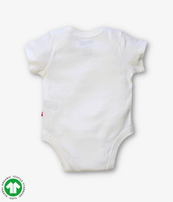 Girls short sleeve bodysuit in white color with envelope neck design and snap crotch.