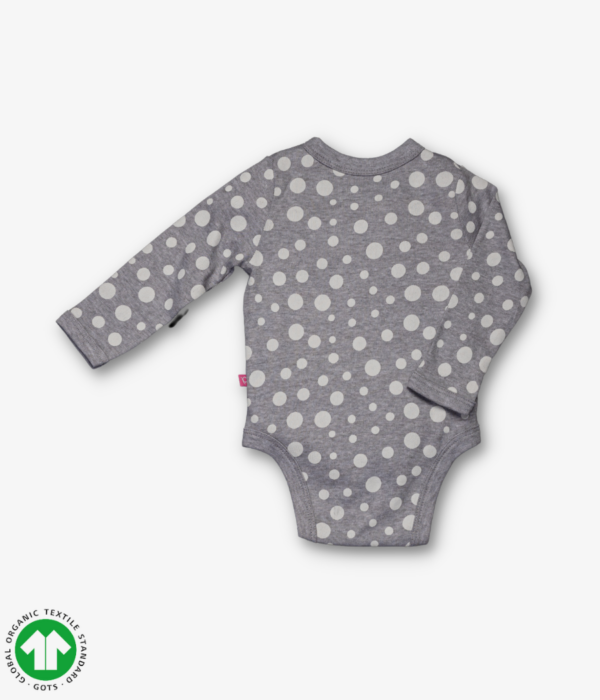 Girls full sleeve bodysuit in grey color with embroidery design and snap crotch.