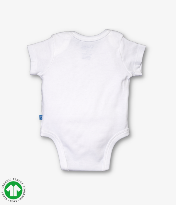 Unisex Short sleeve bodysuit in white color with envelope neck design and snap crotch